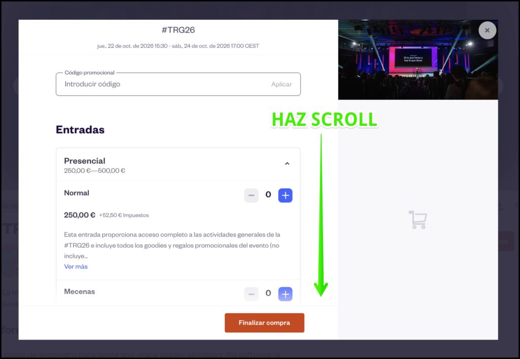 Captura de la página de la TRG en Eventbrite.