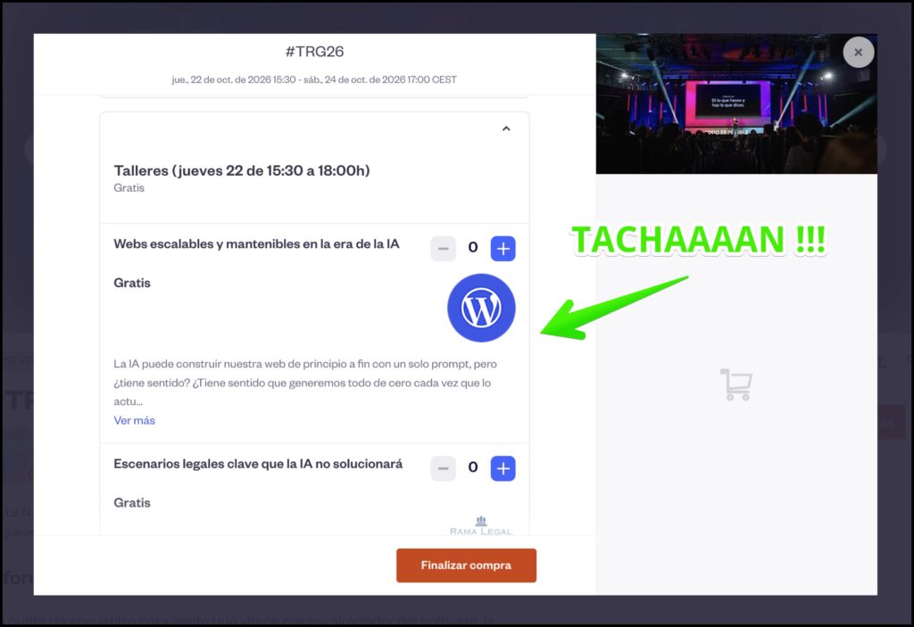 Captura de la página de la TRG en Eventbrite donde se ven los talleres.